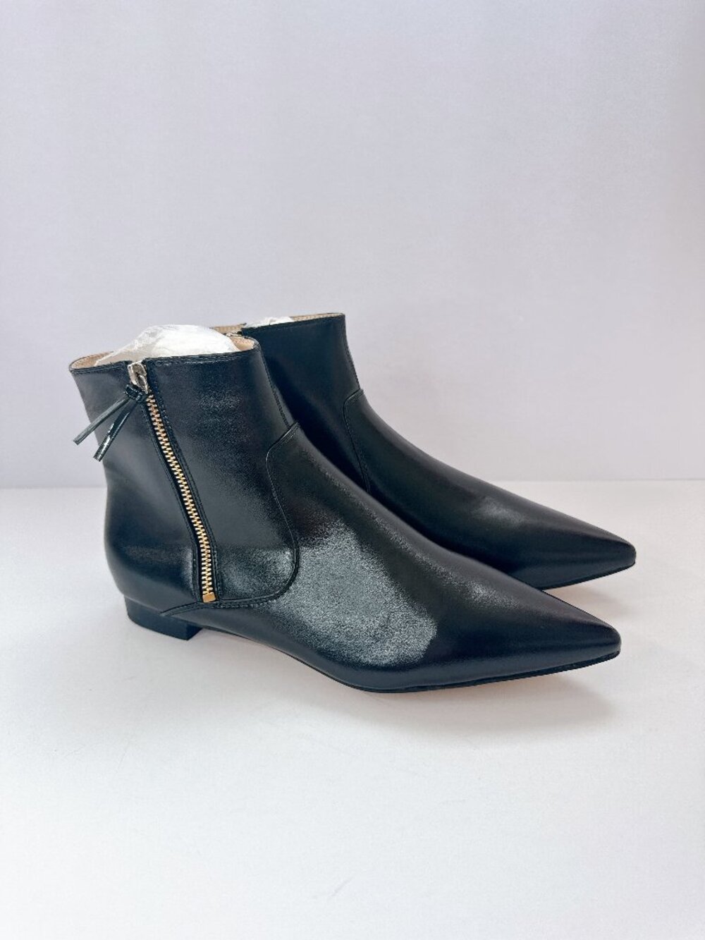 Size 9.5 Black Pointed Toe Ankle Boots Double Side Zip Low Heel Booties XYD